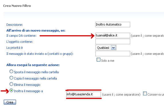 come compilare il filtro mail su alice